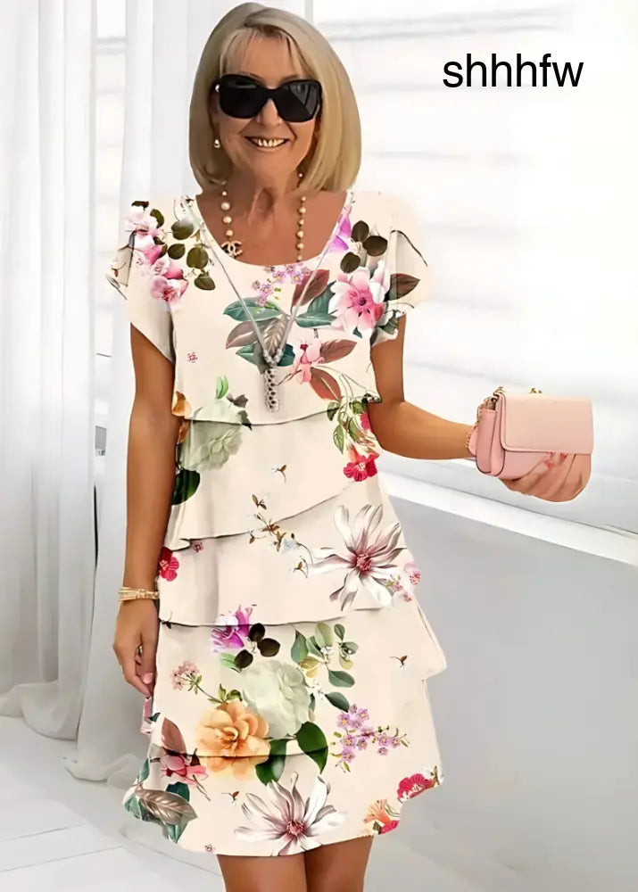 Lina™ - Flowing Dress with Floral Print - Beige / XXS - Dress