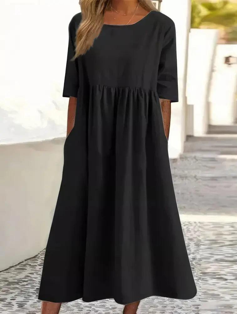 Maikee - Cotton dress with round neckline and pockets - Black / S