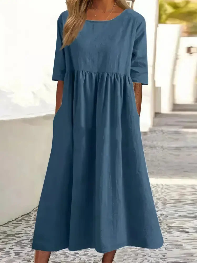 Maikee - Cotton dress with round neckline and pockets - Blue / S