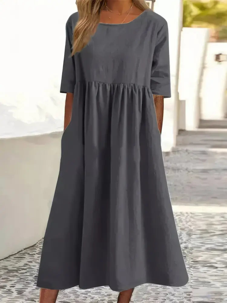 Maikee - Cotton dress with round neckline and pockets - Dark gray / S