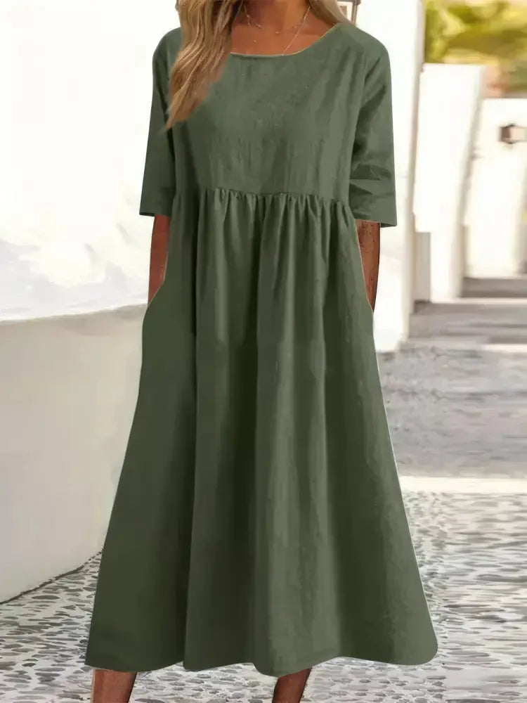 Maikee - Cotton dress with round neckline and pockets - Green / S