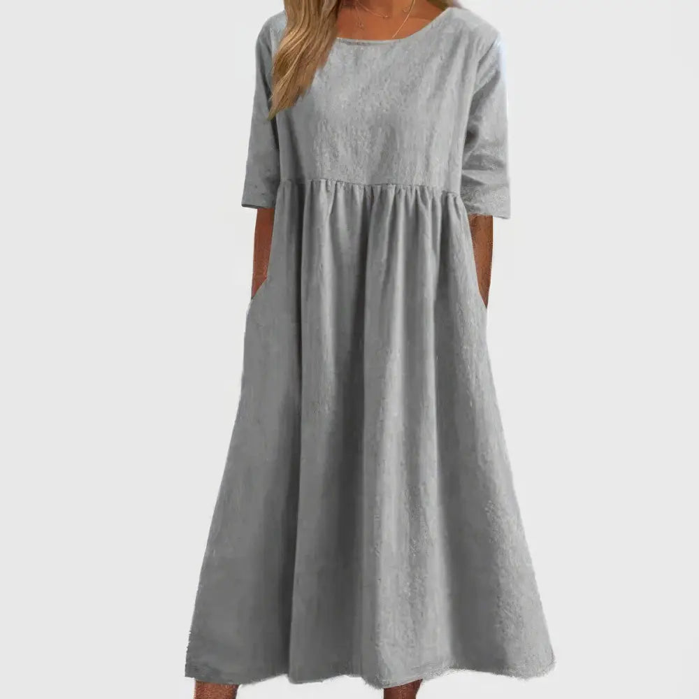 Maikee - Cotton dress with round neckline and pockets - Light gray / S