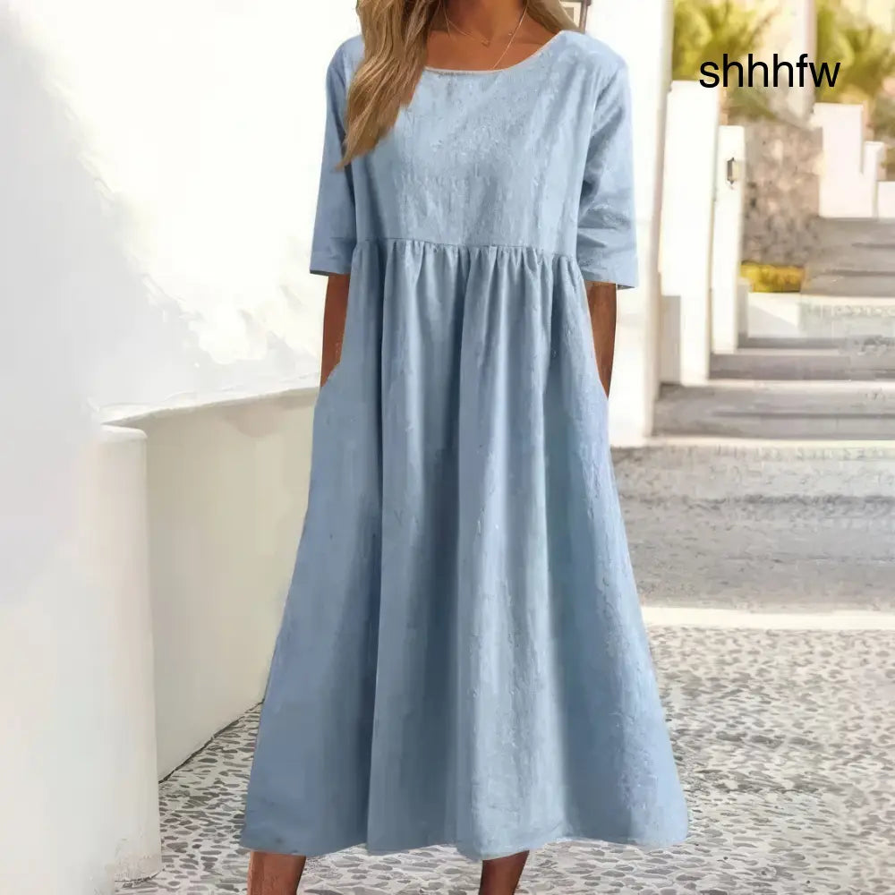 Maikee - Cotton dress with round neckline and pockets - Sky blue / S