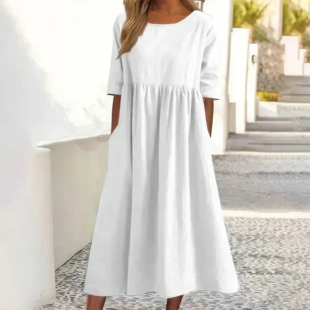 Maikee - Cotton dress with round neckline and pockets - White / S