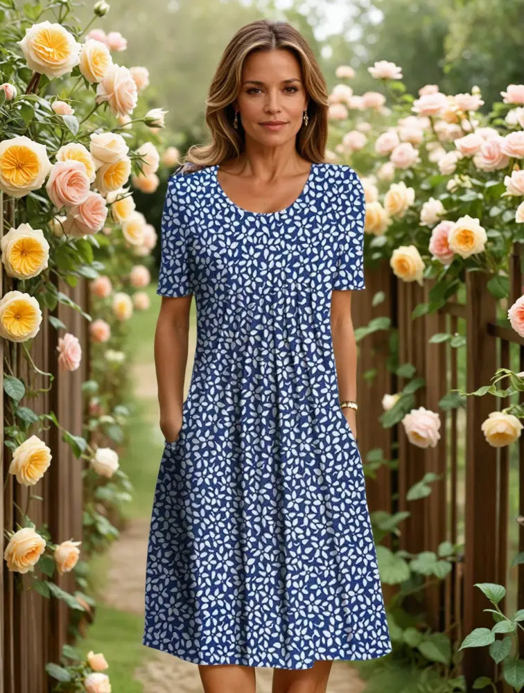 MARGA | ELEGANT DRESS WITH TUMMY COVERAGE - Blue floral / S - ELEGANT DRESS