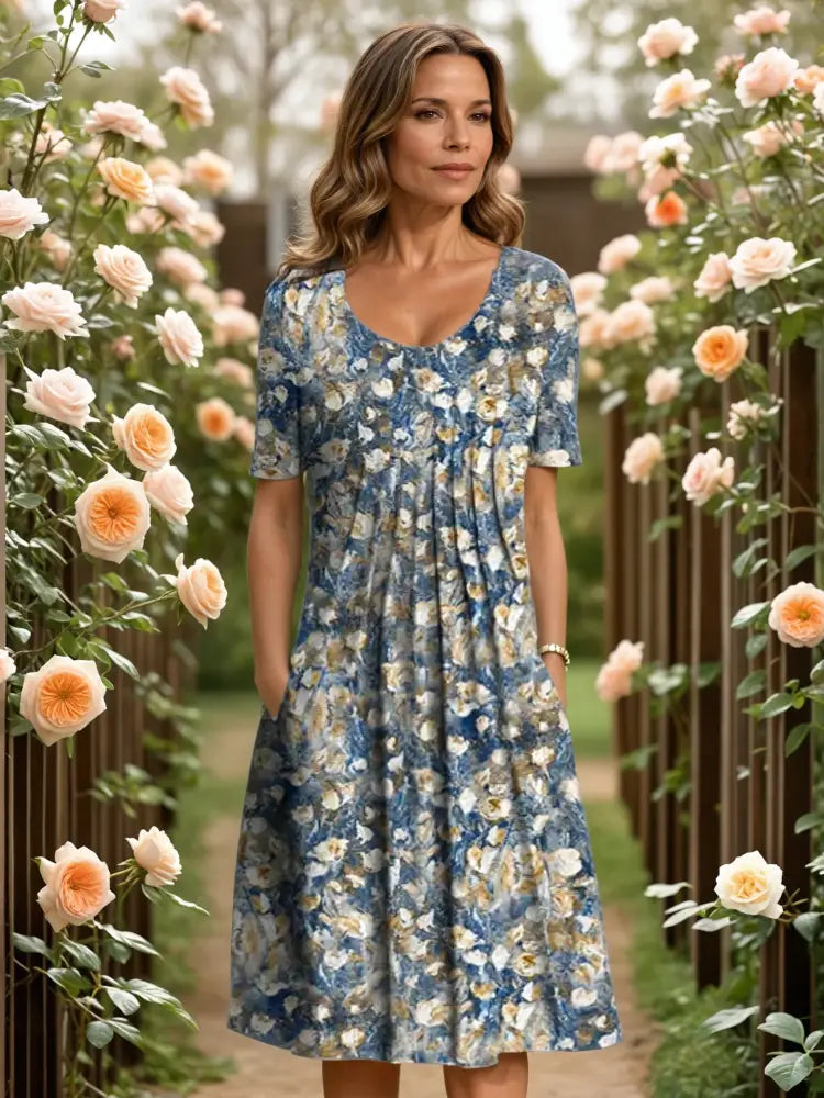 MARGA | ELEGANT DRESS WITH TUMMY COVERAGE - Light blue floral / S - ELEGANT DRESS
