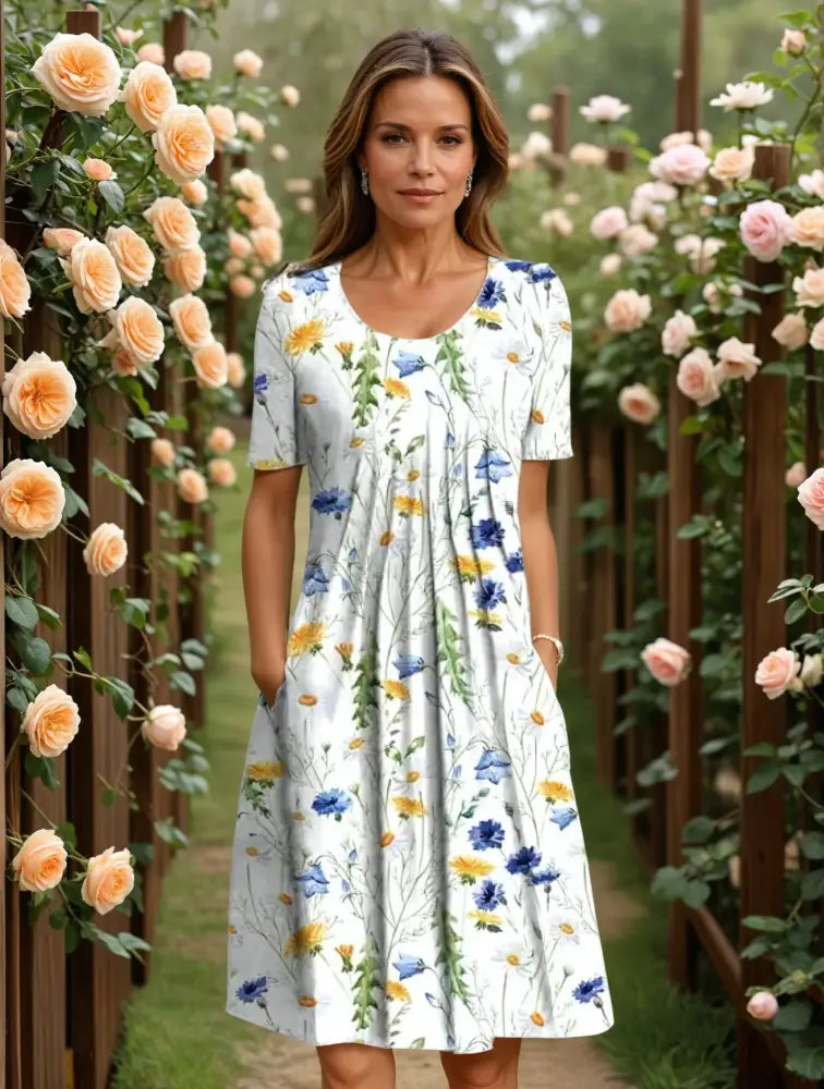 MARGA | ELEGANT DRESS WITH TUMMY COVERAGE - Yellow floral / S - ELEGANT DRESS