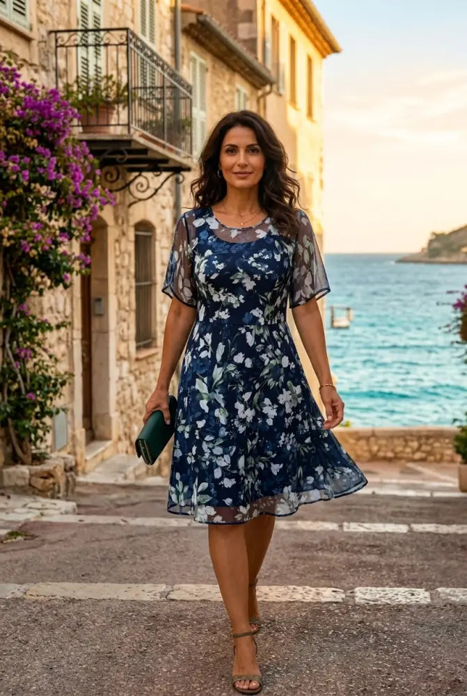Midi Floral Chiffon Dress, Natural and Refined Elegance