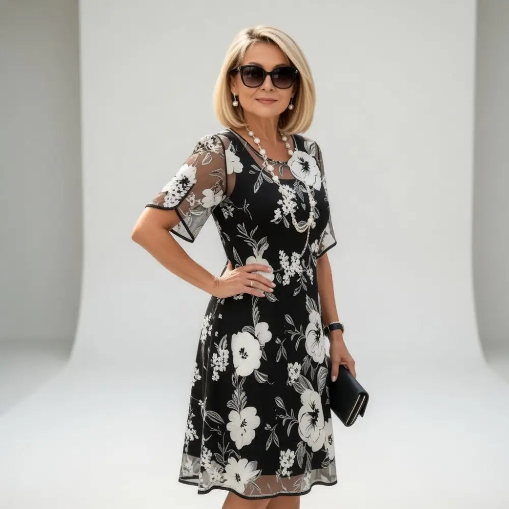 Midi Floral Chiffon Dress, Natural and Refined Elegance - Black / S