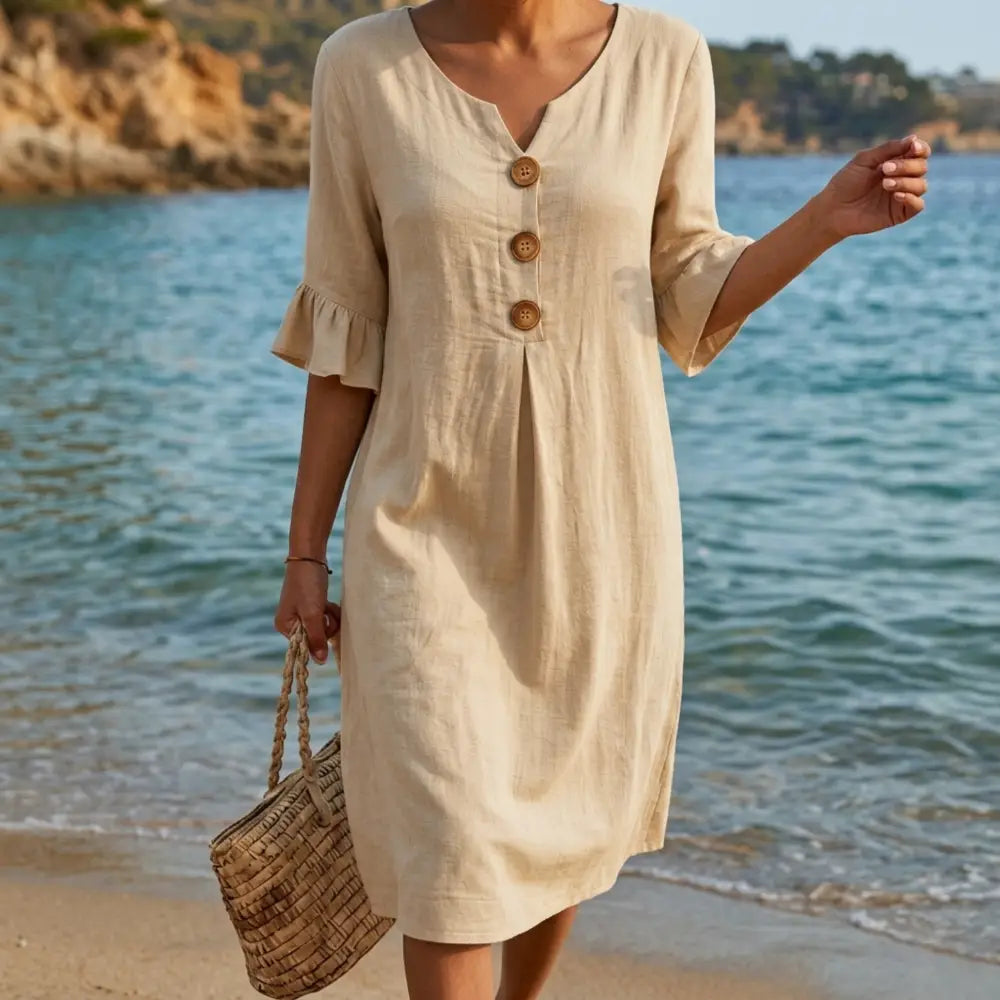 Radmila™ | Textured Long Sleeve Dress. - Beige / S - Midi Dress