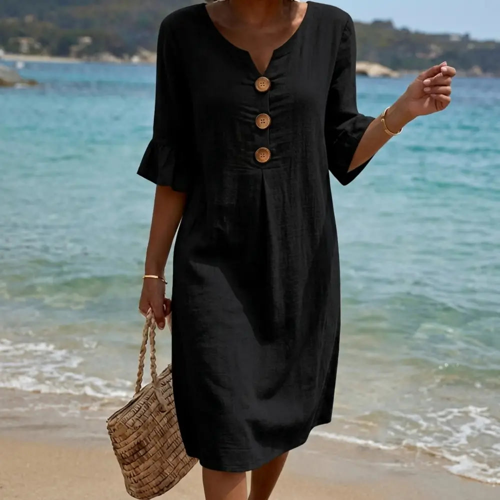 Radmila™ | Textured Long Sleeve Dress. - Black / S - Midi Dress