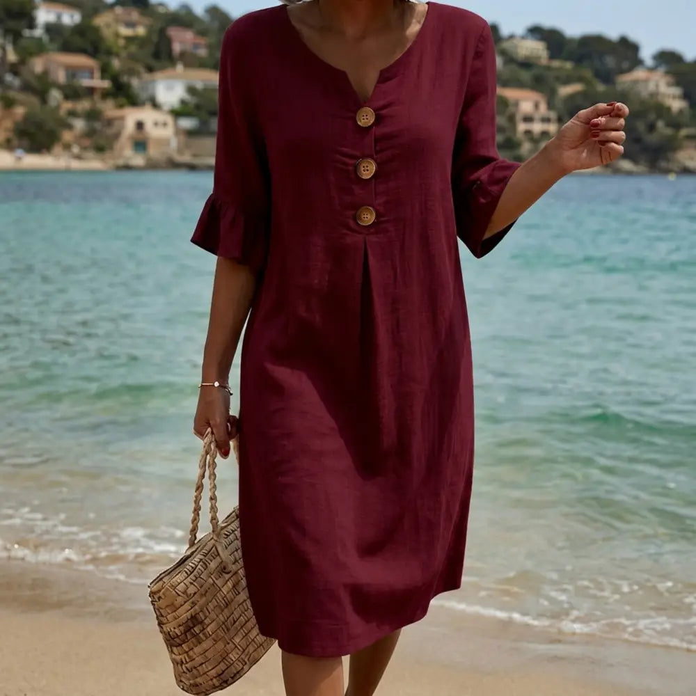 Radmila™ | Textured Long Sleeve Dress. - Bordeaux / S - Midi Dress