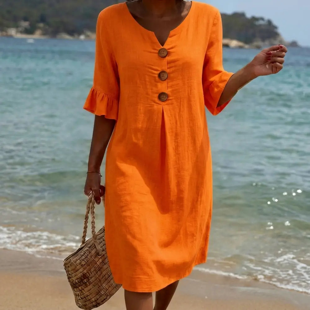 Radmila™ | Textured Long Sleeve Dress. - Orange / S - Midi Dress