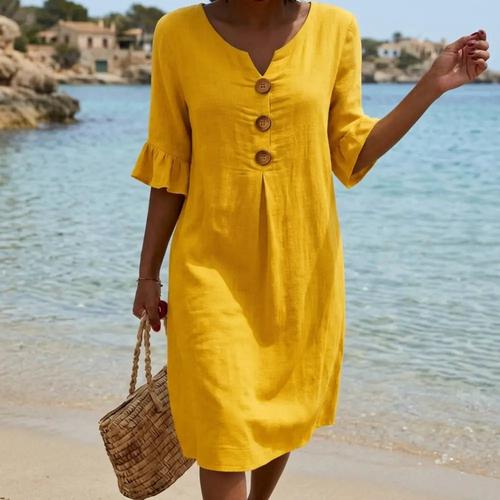 Radmila™ | Textured Long Sleeve Dress. - Yellow / S - Midi Dress