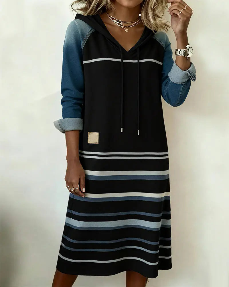Striped Hooded Dress with Color Mixing - Black / S - Dresses