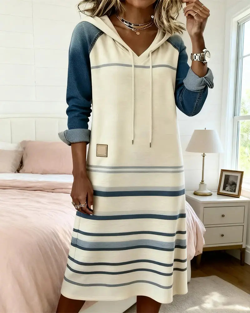 Striped Hooded Dress with Color Mixing - Dresses