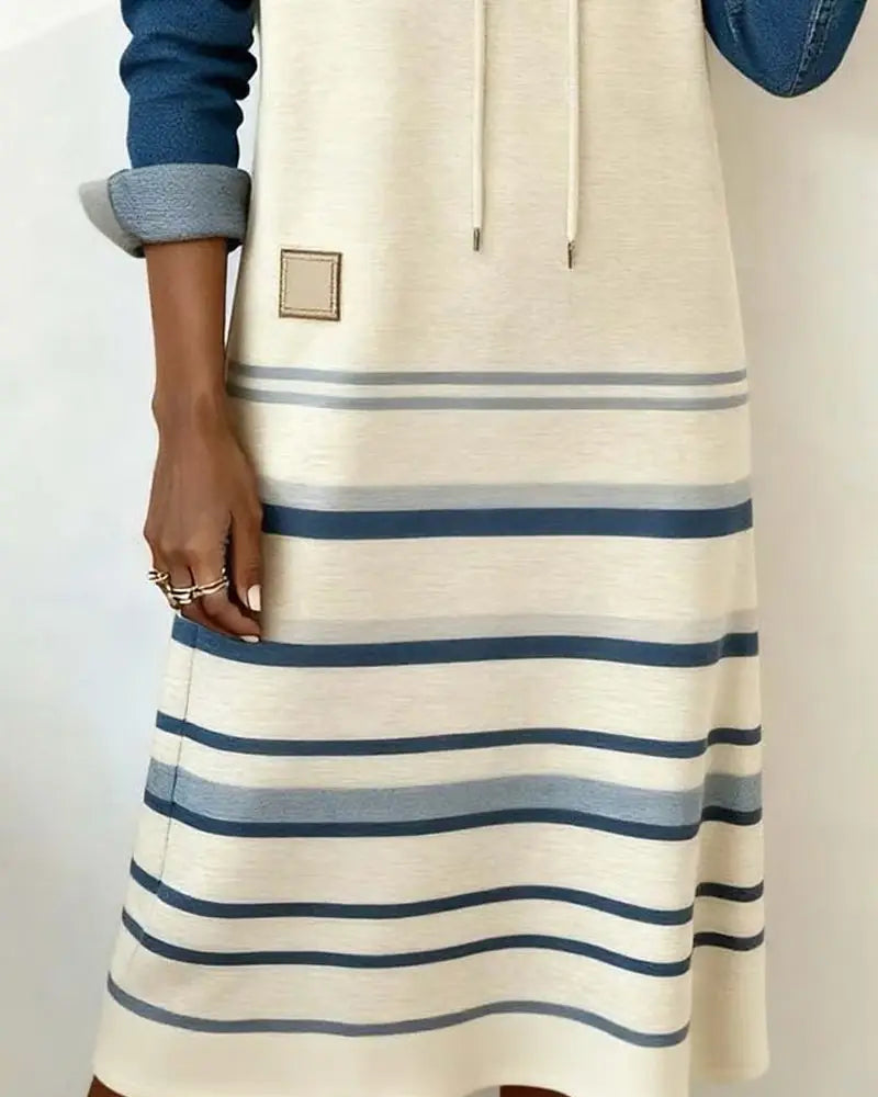 Striped Hooded Dress with Color Mixing - Dresses