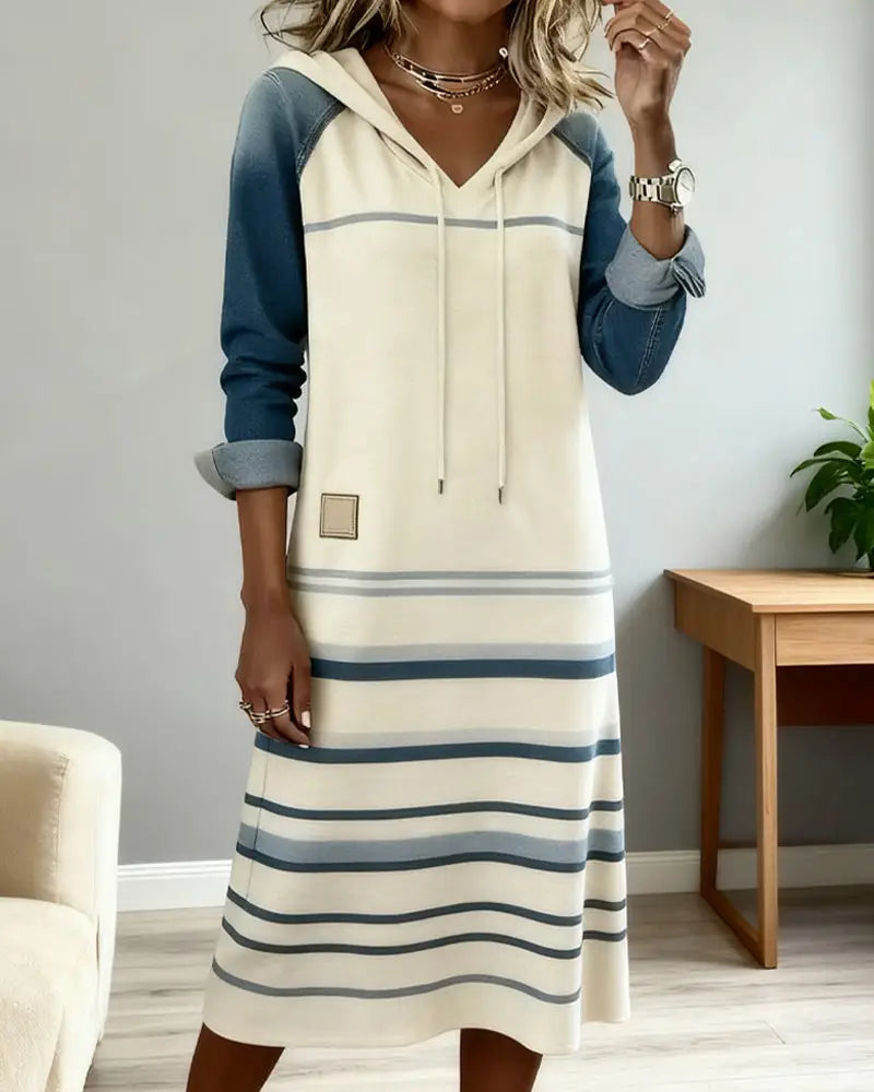 Striped Hooded Dress with Color Mixing - Dresses