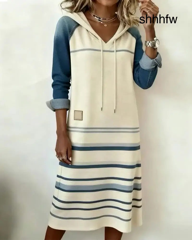 Striped Hooded Dress with Color Mixing - White / S - Dresses