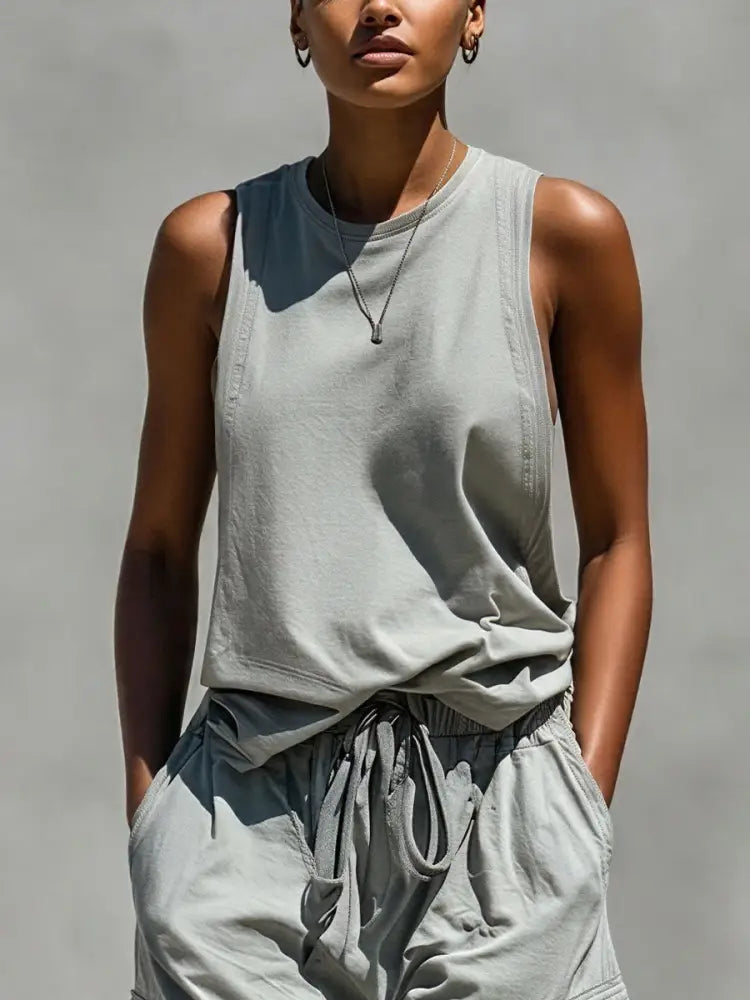 Two-Piece Women’s Gray Sleeveless Tank Top and Cargo Shorts Set - Set