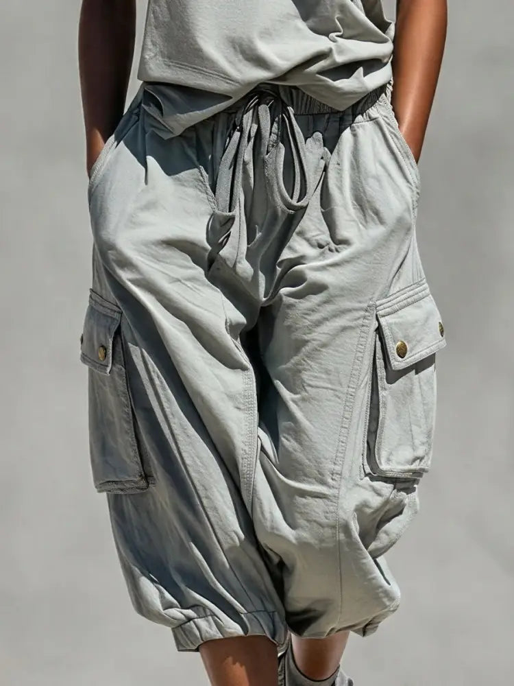 Two-Piece Women’s Gray Sleeveless Tank Top and Cargo Shorts Set - Set