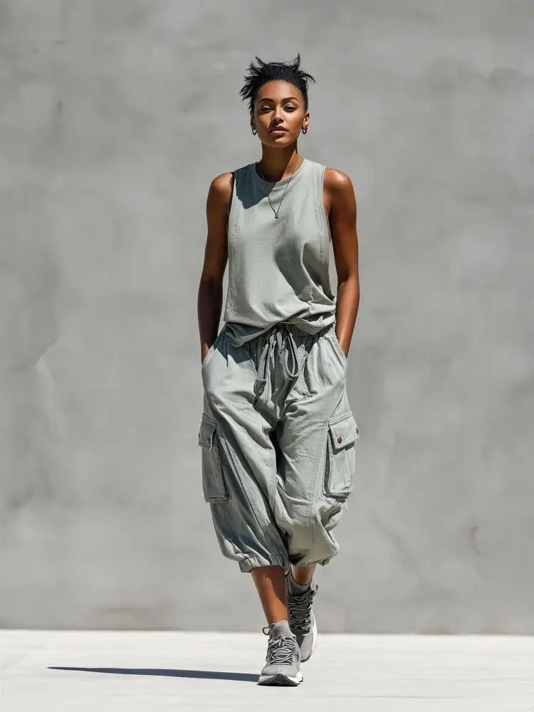 Two-Piece Women’s Gray Sleeveless Tank Top and Cargo Shorts Set - Set
