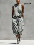 Two-Piece Women’s Gray Sleeveless Tank Top and Cargo Shorts Set - Gray / XS - Set