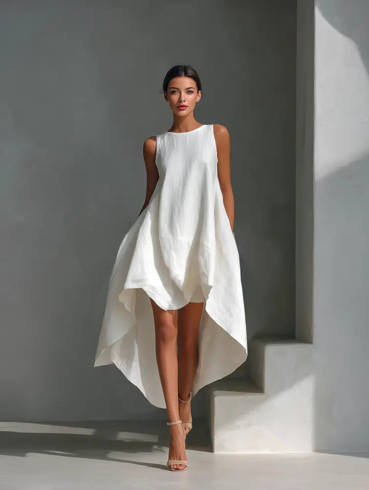 White Linen Sleeveless Midi Dress for Women with Round Neck and Asymmetrical Hem - DRESSES