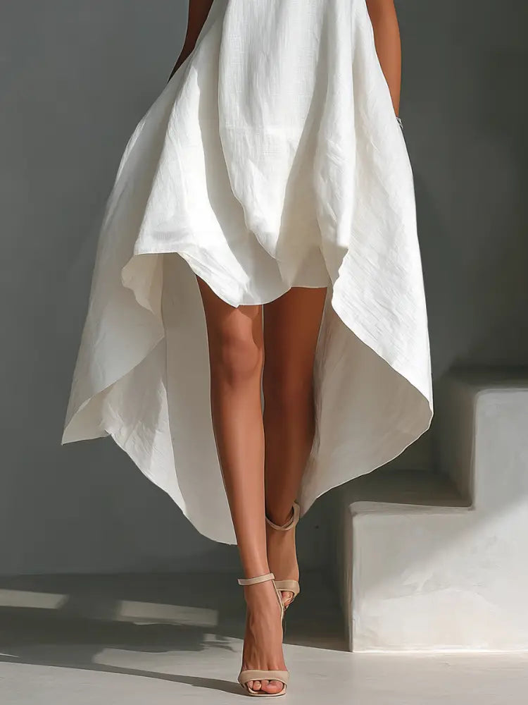 White Linen Sleeveless Midi Dress for Women with Round Neck and Asymmetrical Hem - DRESSES