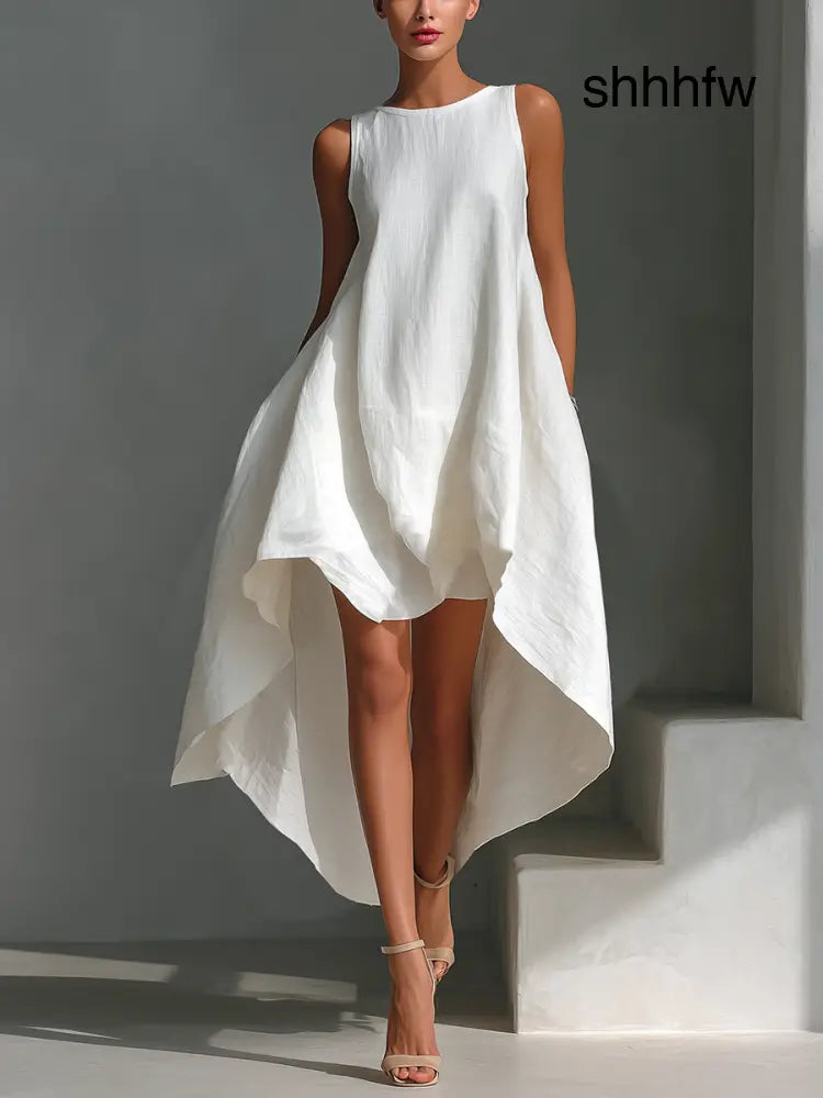 White Linen Sleeveless Midi Dress for Women with Round Neck and Asymmetrical Hem - DRESSES