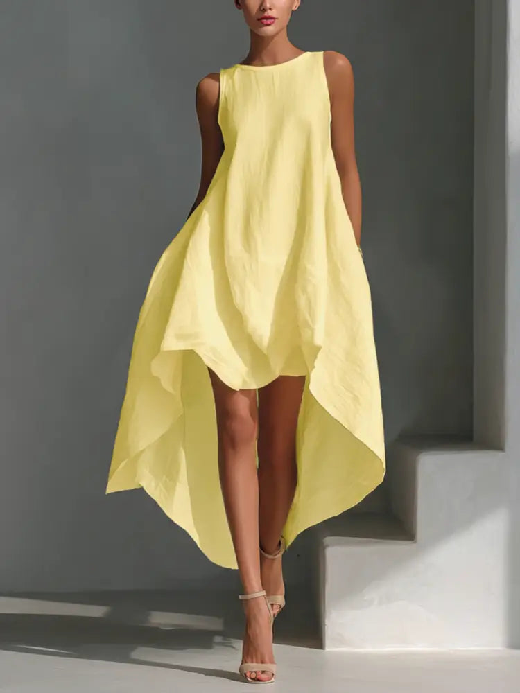 White Linen Sleeveless Midi Dress for Women with Round Neck and Asymmetrical Hem - DRESSES