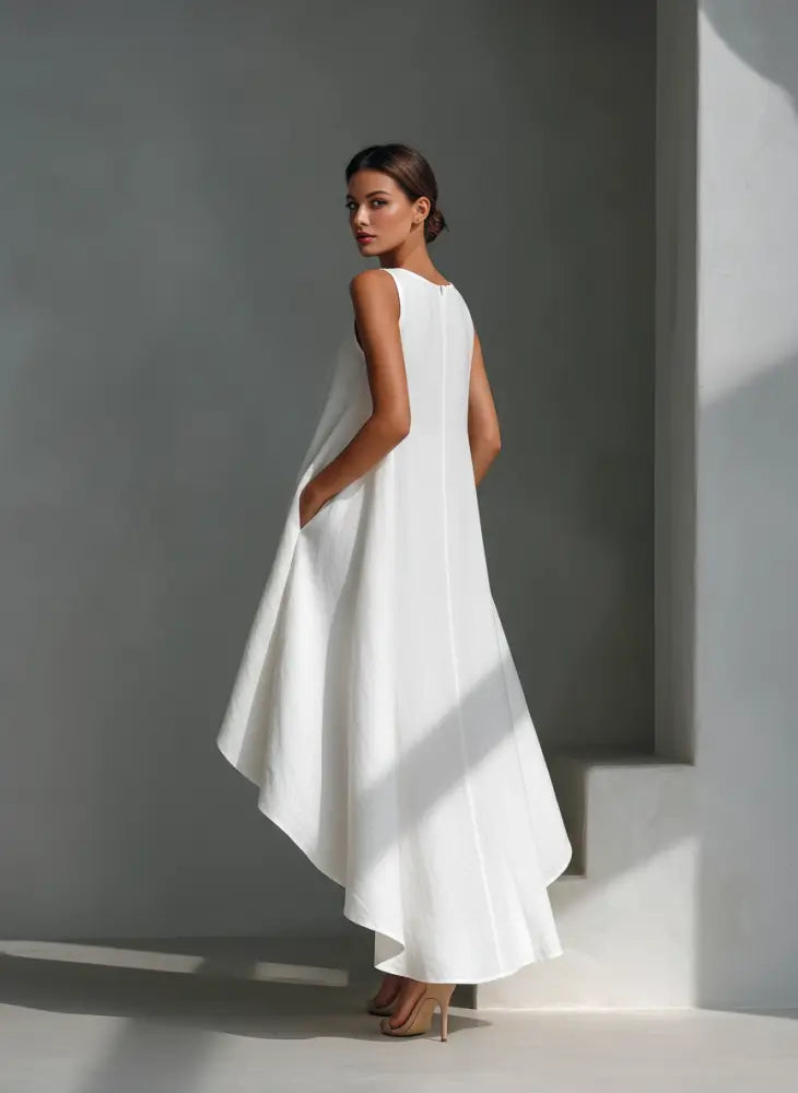 White Linen Sleeveless Midi Dress for Women with Round Neck and Asymmetrical Hem - DRESSES