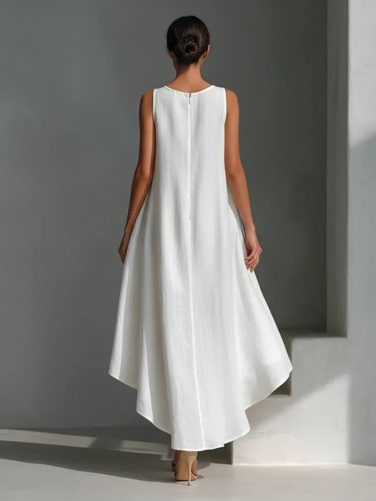 White Linen Sleeveless Midi Dress for Women with Round Neck and Asymmetrical Hem - DRESSES