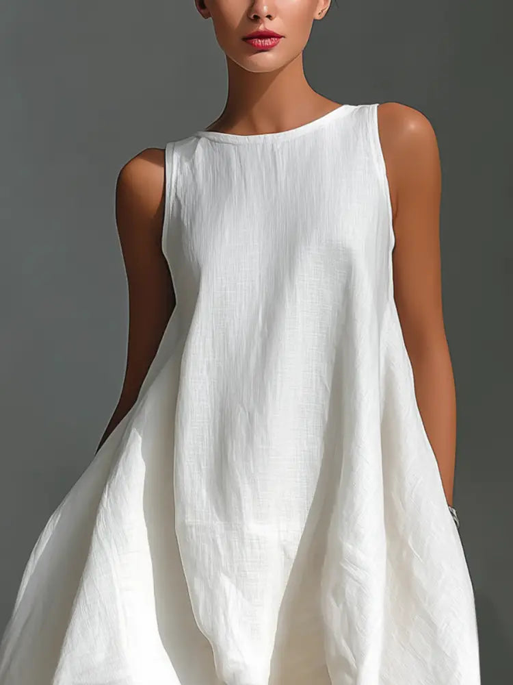White Linen Sleeveless Midi Dress for Women with Round Neck and Asymmetrical Hem - DRESSES