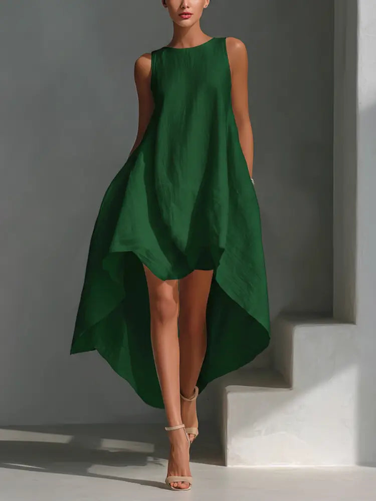 White Linen Sleeveless Midi Dress for Women with Round Neck and Asymmetrical Hem - Green / XS - DRESSES
