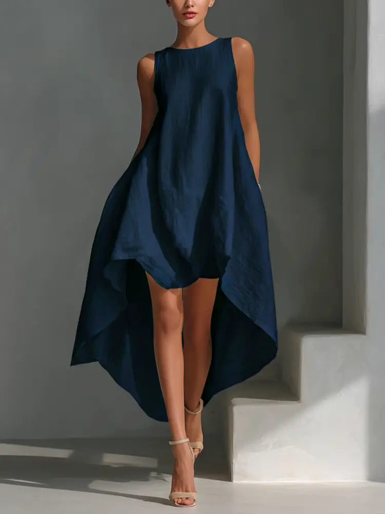White Linen Sleeveless Midi Dress for Women with Round Neck and Asymmetrical Hem - Navy Blue / XS - DRESSES