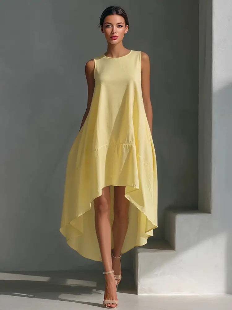 White Linen Sleeveless Midi Dress for Women with Round Neck and Asymmetrical Hem - Warm Yellow / XS - DRESSES