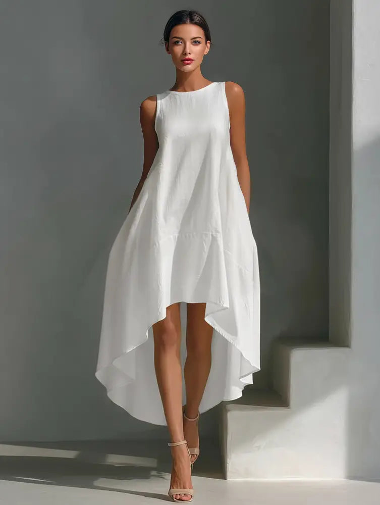 White Linen Sleeveless Midi Dress for Women with Round Neck and Asymmetrical Hem - White / XS - DRESSES