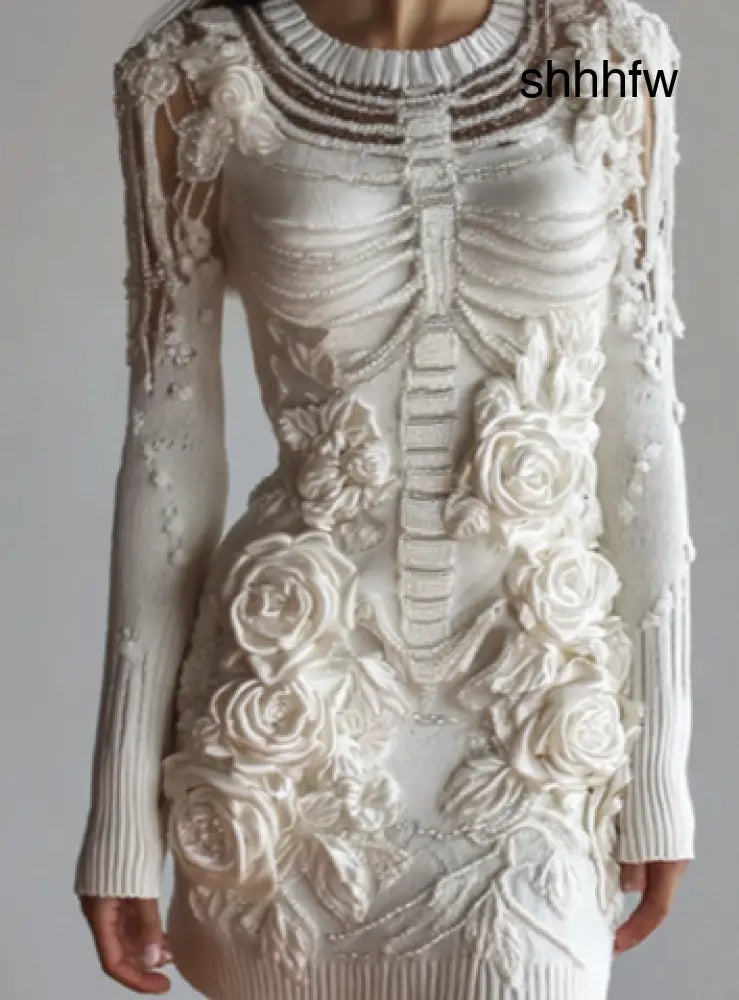 Women’s Vintage White Rose Skull Cozy Knit Mini Sweater Dress - Mini Sweater Dress