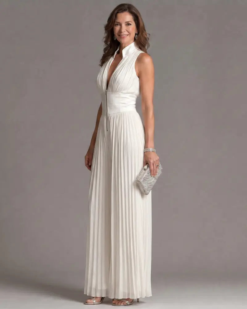 Zakira | Pleated Halter Neck Wide Leg Jumpsuit