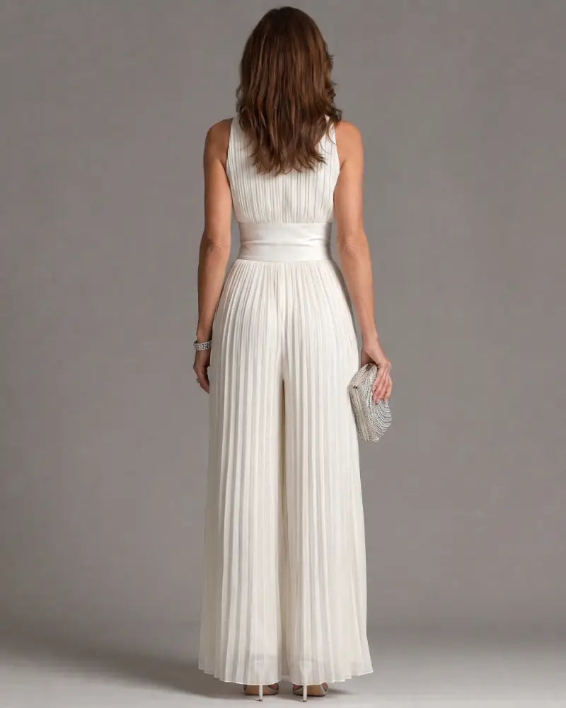 Zakira | Pleated Halter Neck Wide Leg Jumpsuit