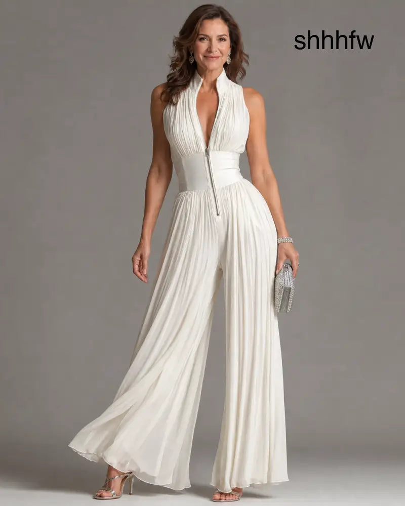 Zakira | Pleated Halter Neck Wide Leg Jumpsuit - White / XS